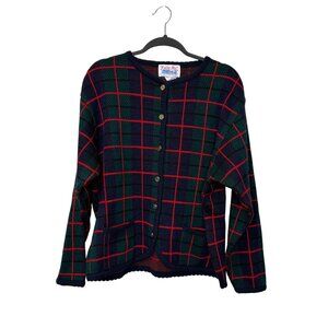 VTG Tally-Ho Plaid Knit Cardigan Sweater XL Green Navy Red Button Front
